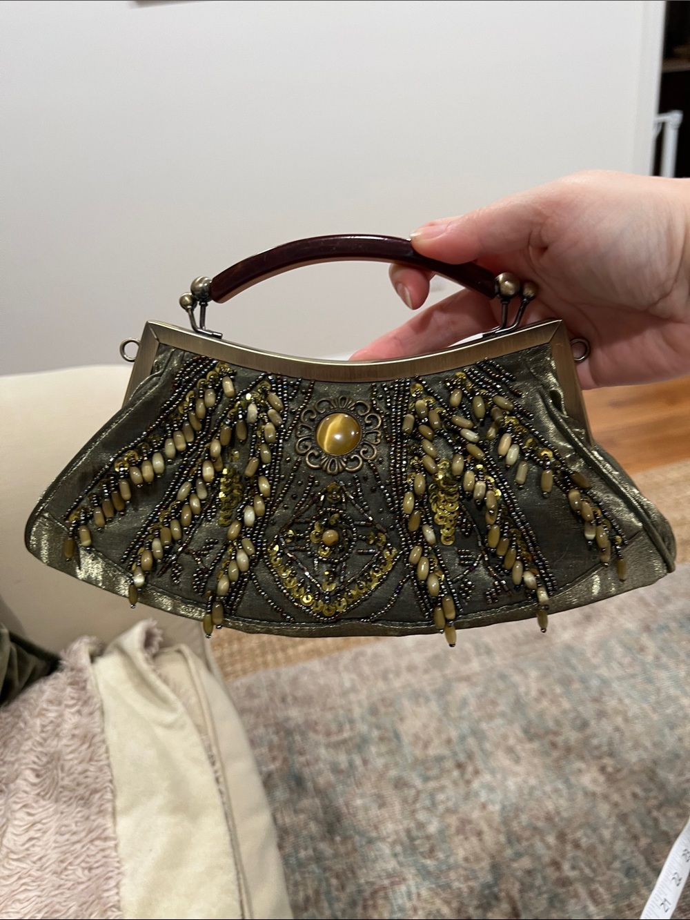 Vintage Embellished Sik Beaded Evening Clutch - Gold Accents